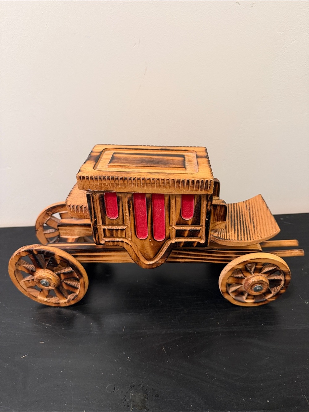 Wooden Decoration Stagecoach with Red Window Accents